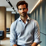 DALL·E 2024-10-12 17.39.55 - A professional man named Michael S, in his mid-30s, with short brown hair neatly styled, light stubble on his face, wearing business-casual attire suc